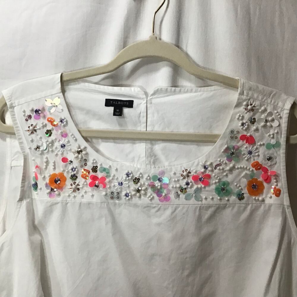 Talbots 100% Cotton White Colorful Beaded Tailored Tank 16 Boho Coastal - Picture 2 of 7